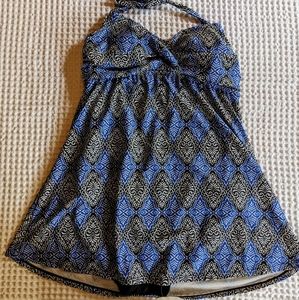 Garnet Hill 10 One-piece Swimsuit Blue skirted bathingsuit Built-in bra halter